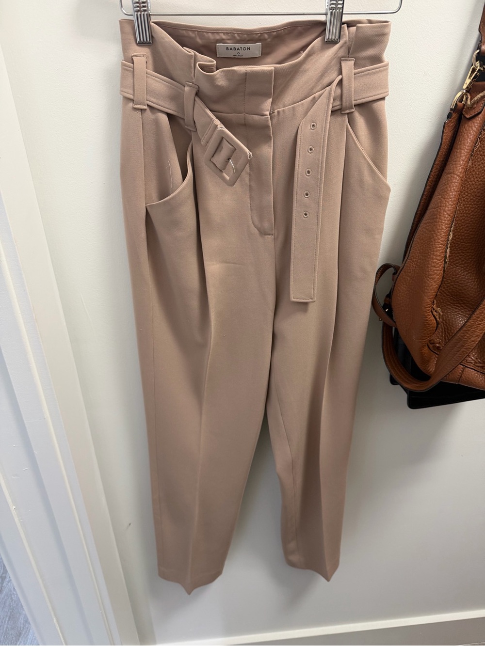 Babaton Belted High-Waist Trousers in Taupe